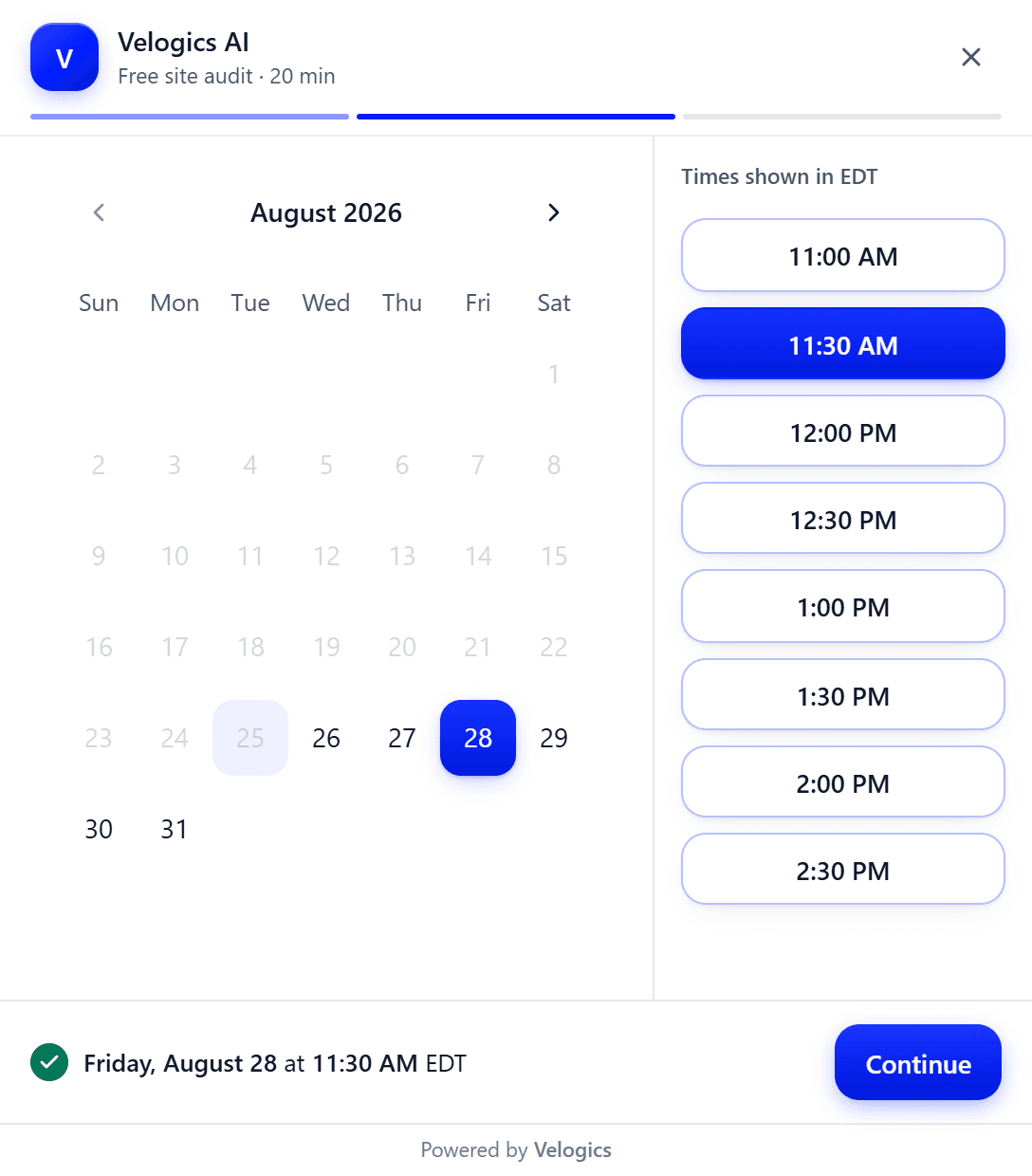 The Velogics booking widget: calendar with live availability on the left, open time slots on the right