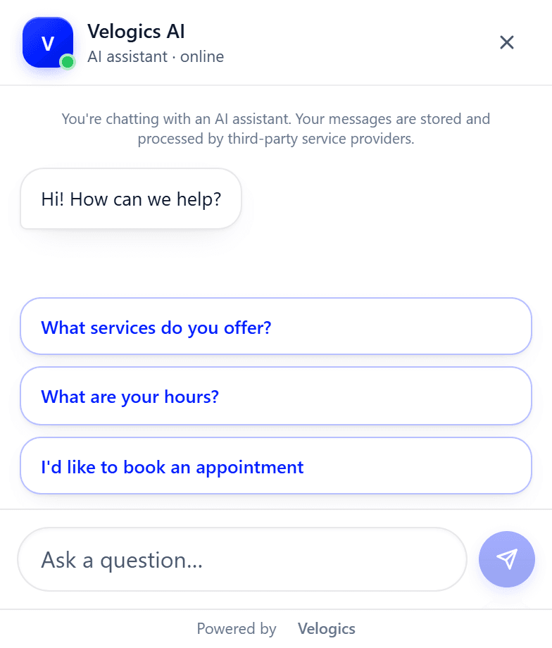 The Velogics AI chatbot widget: greeting, suggested questions, and an ask box
