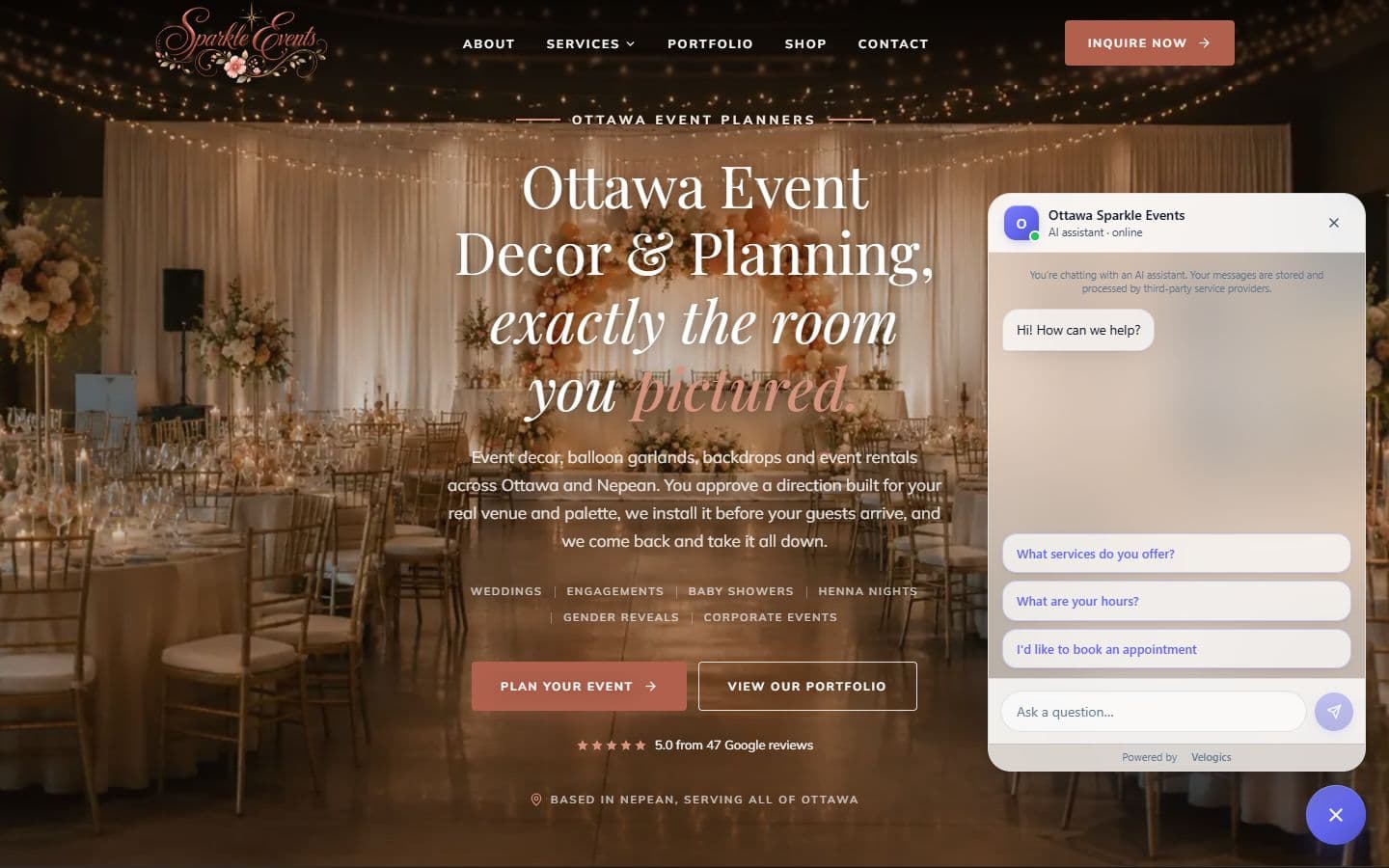 Sparkle Events website, designed and built by Velogics