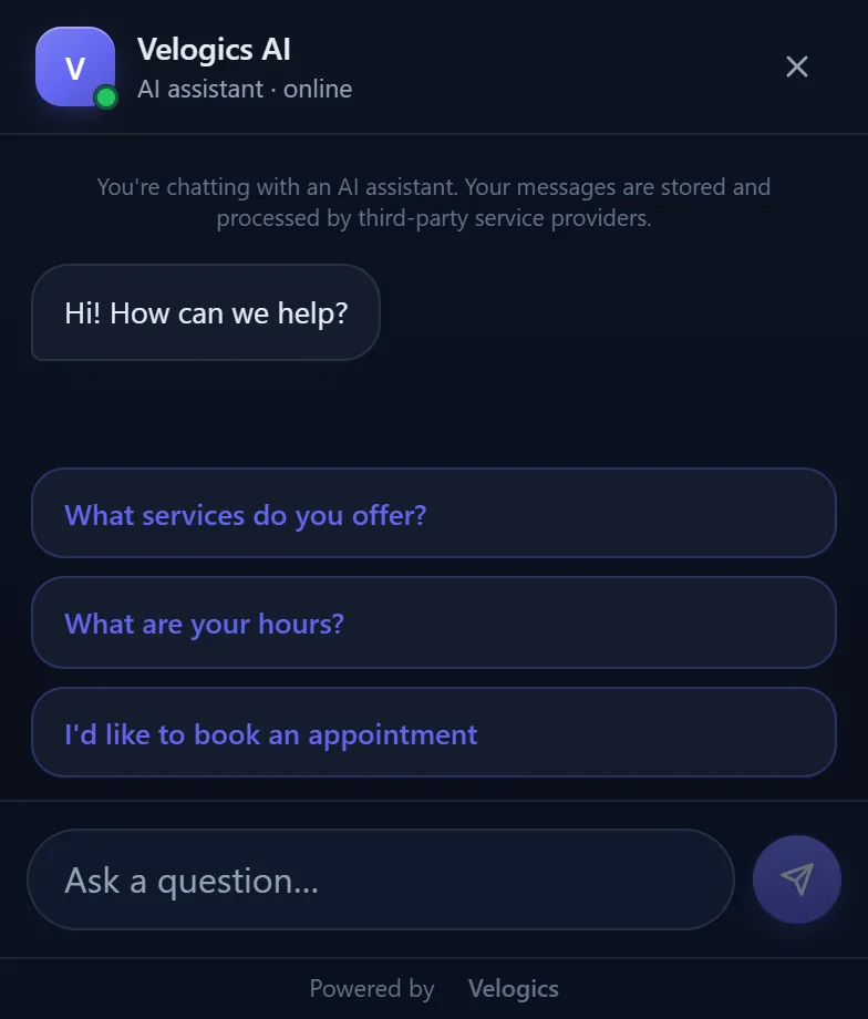 The Velogics AI chatbot widget in the Dark theme with the Indigo accent