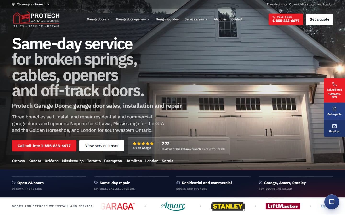 Protech Garage Doors website, designed and built by Velogics